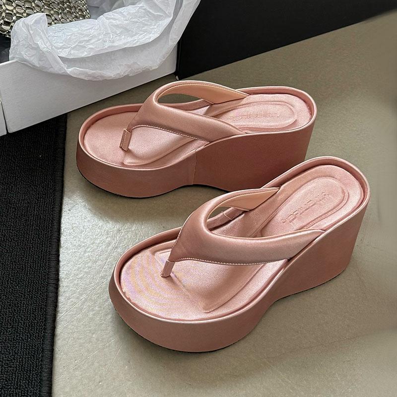 Fashion Pink Fashion Silk Platform Women Wedges Slippers Flip Flops Female Thick Soled Ladies Wedges Slippers Slides Sandals Shoes