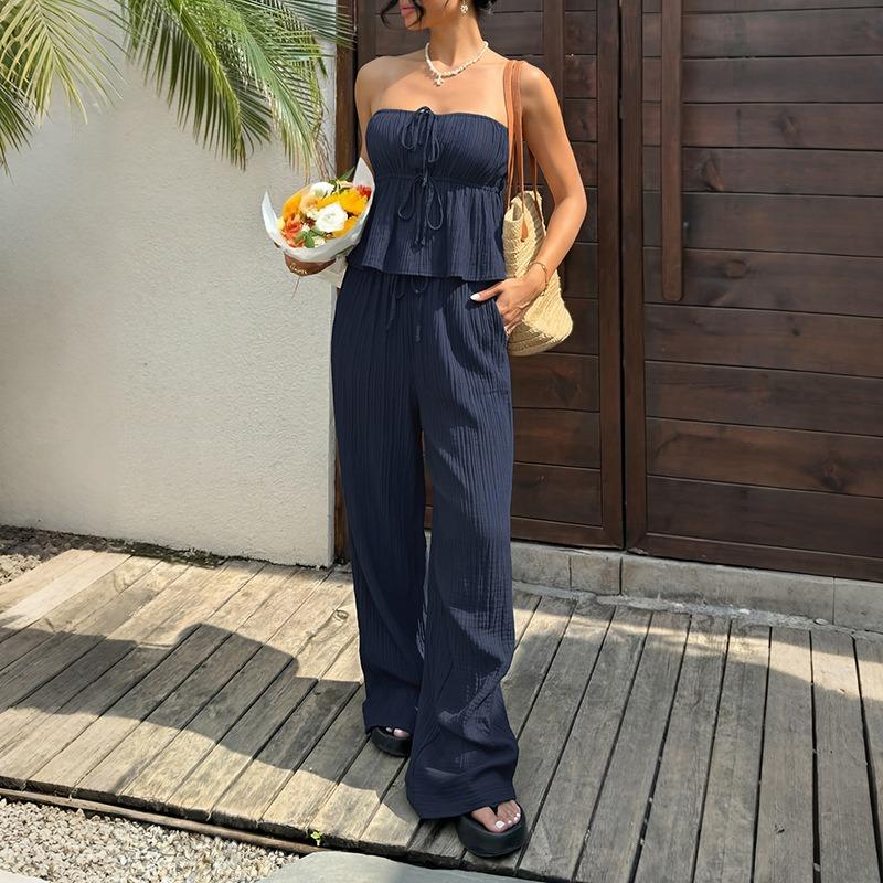 

Womens Solid Color Strapless Peplum Top And Wide Leg Pants Two Piece Set S синій