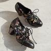Johnature Ethnic Style High-heeled Pumps Genuine Leather Patchwork Jacquard Fabric Thick Heel Women's Shoes