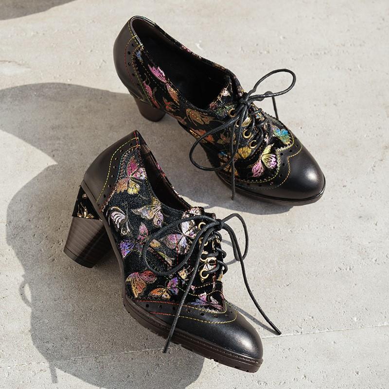 Johnature Ethnic Style High-heeled Pumps Genuine Leather Patchwork Jacquard Fabric Thick Heel Women's Shoes