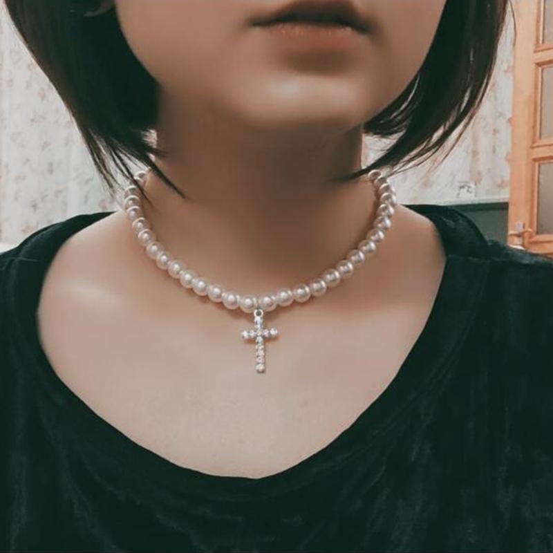 Vintage Artificial Diamond for Cross Pendant Necklace Wedding White Pearl Necklace Round Imitation Pearls Chain Necklace