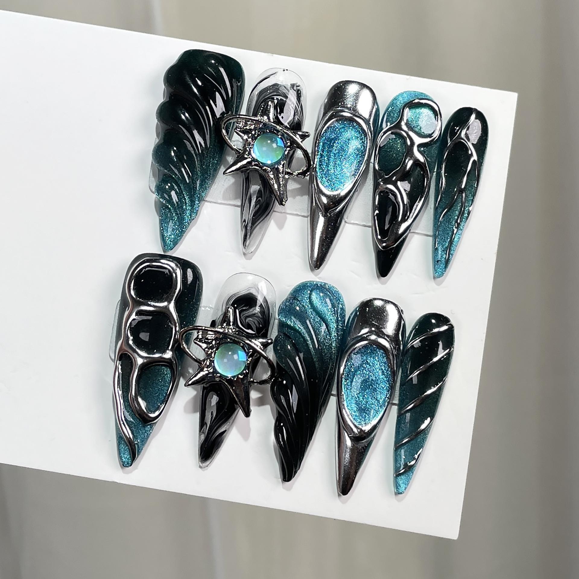 

Длинные заостренные ногти, неровный металлический рельеф, патчи для ногтей «кошачий глаз», носимые патчи для ногтей, женские патчи для ногтей L