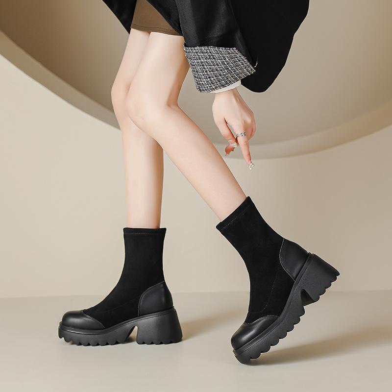 Silky suede Martin boots short boots women's 2025 autumn and winter new thick heel elastic boots 7cm high heel slim boots women