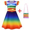 Mädchen Rüschenärmel Kleid mit Handtasche Cosplay Druck Kurzarm Party Kostüm für Kinder Sommer Outfit