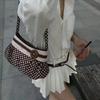 Pleated Design Polka Dot Handbag Wooden Button Decor Polka Dot Korean Handbag Vintage Style Lightweight Large Capacity Tote Bag