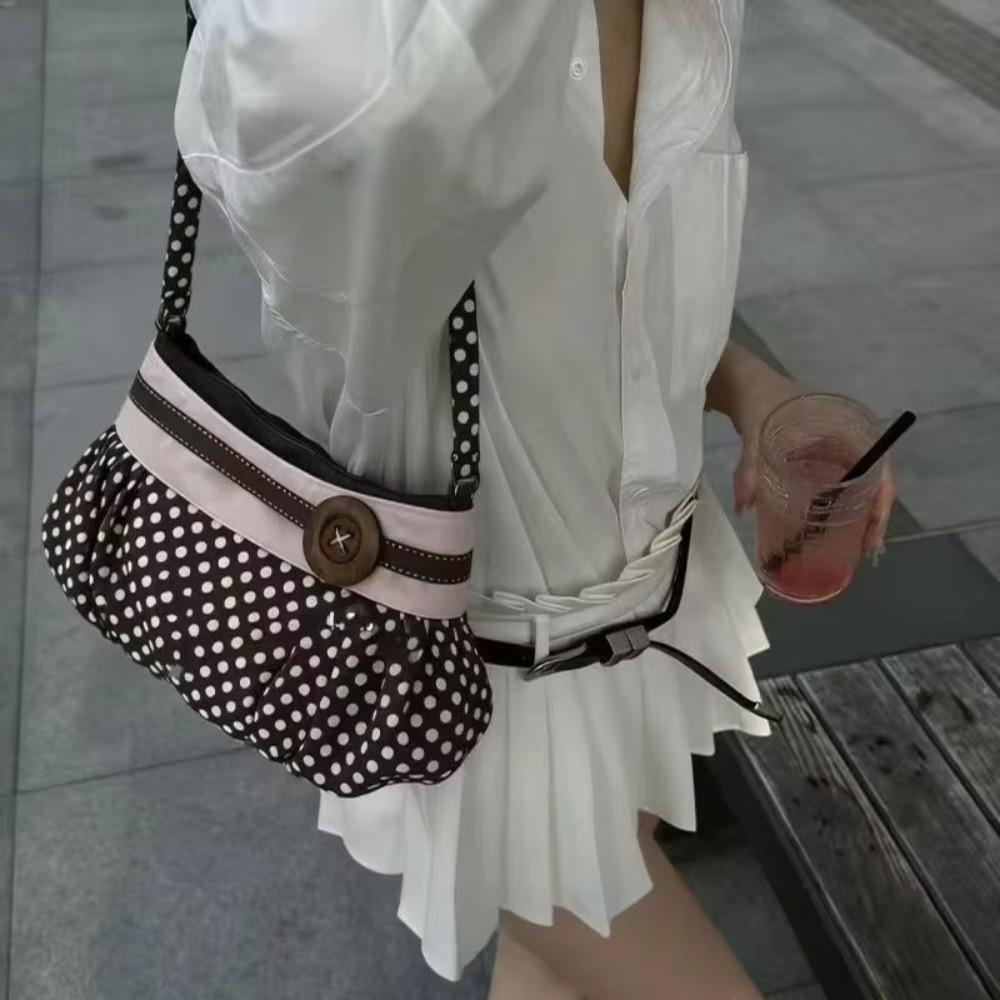 Pleated Design Polka Dot Handbag Wooden Button Decor Polka Dot Korean Handbag Vintage Style Lightweight Large Capacity Tote Bag