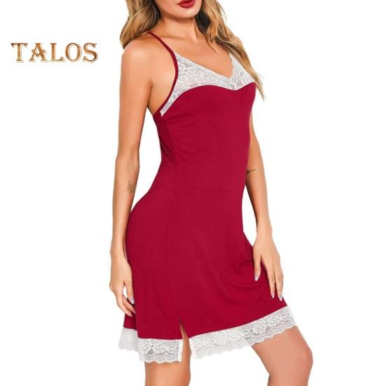 Damen Nachthemd mit Spitze, Spaghettiträger, V-Ausschnitt, Chemise, Nachtwäsche, Ganzunterkleid, Babydoll, Schlafkleid, Sommer, weiche Nachtwäsche