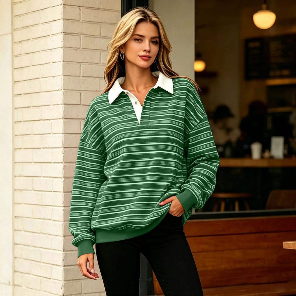 Women's Trendy Long Sleeve Striped V-Neck Casual Tee Shirt Versatile Pullover Top