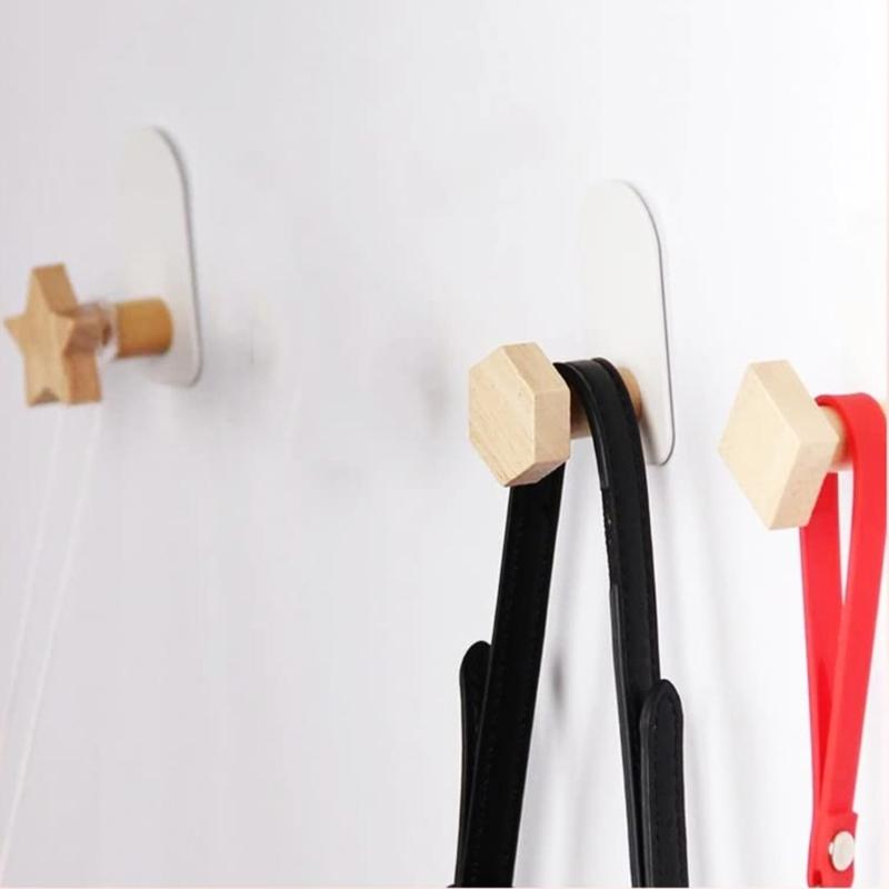 Wood Wall Hook Hanger Wall Mounted Hook Heart Star Hexagon Flower Metal Hooks