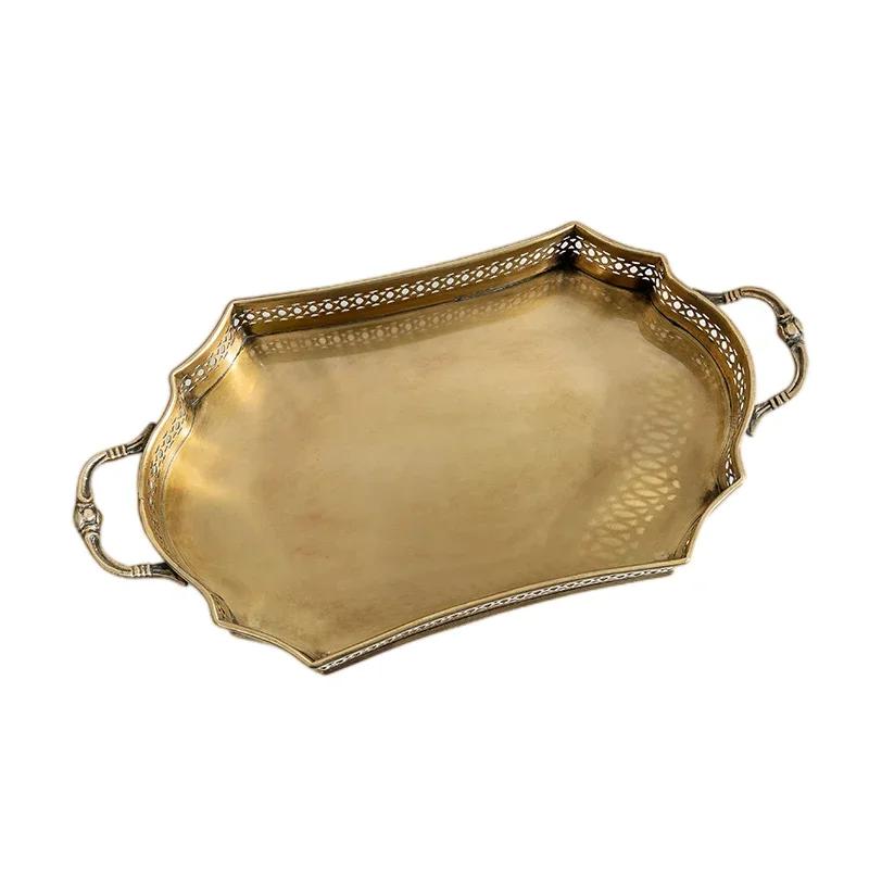 Large Fruit Dish Antique Tea Tray Brass Jewelry Display Plate with Handle Cosmetic Holder