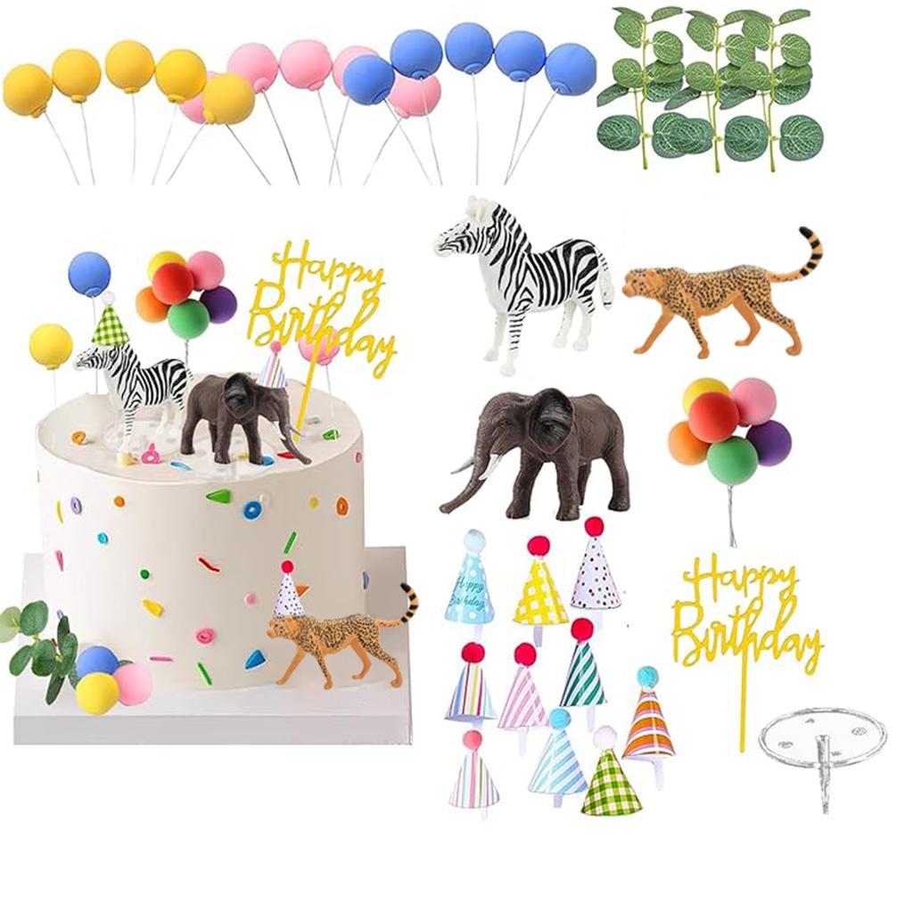 Safari Animal Cake Toppers with Mini Birthday Party Hat Color Balls Cake Decorations for Jungle Wild Themed Party Supplies