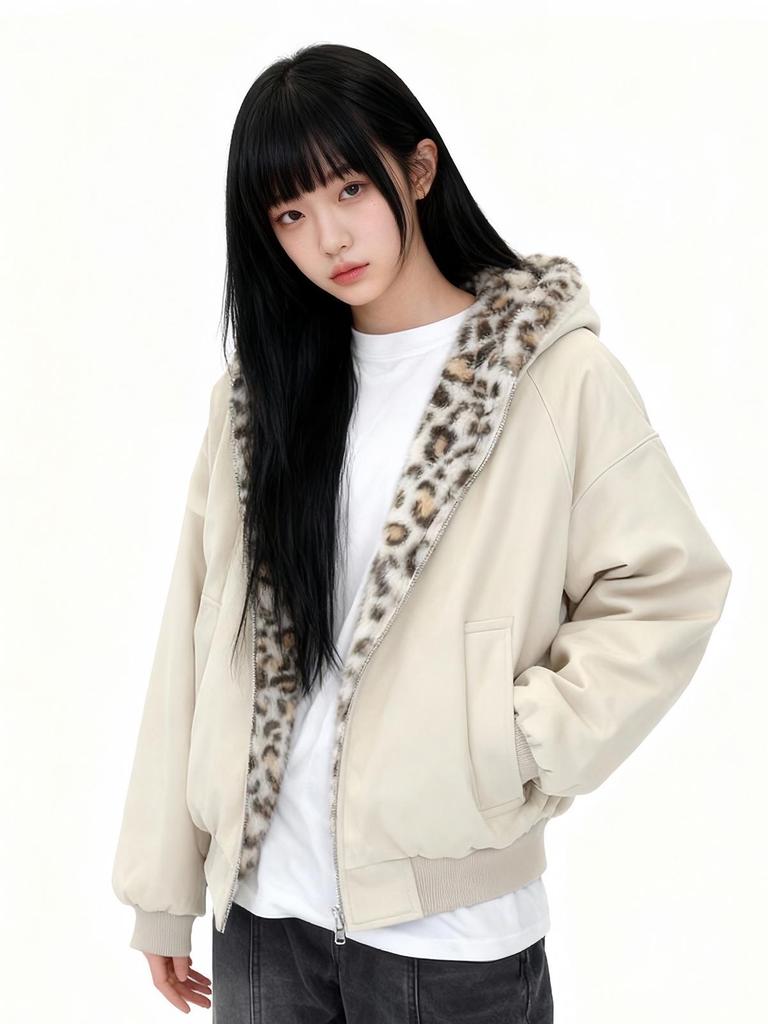 Unisex Reversible Retro Leopard Print Fleece-Lined PU Leather Jacket