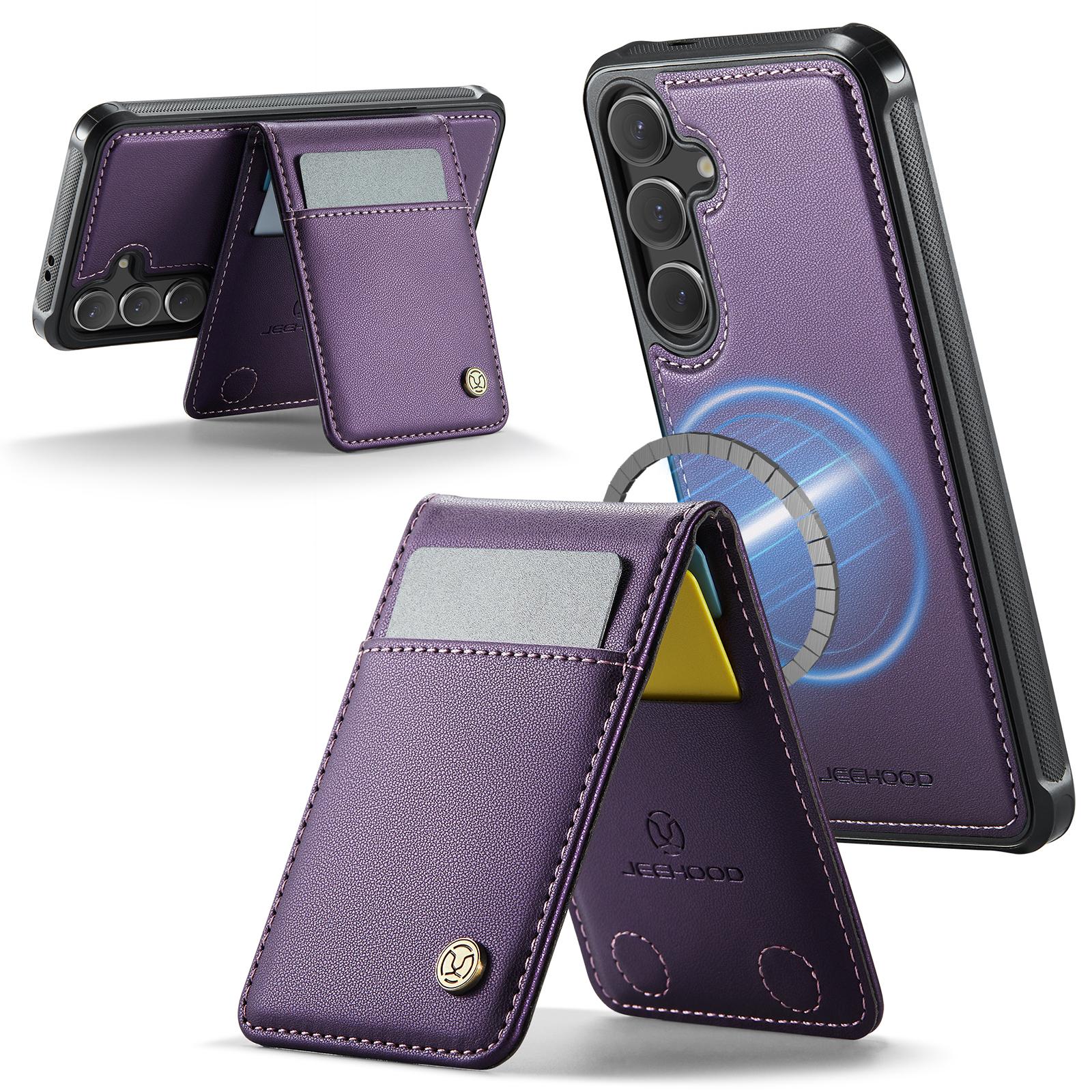 

For Samsung Galaxy S24 FE Leather Back Cover Compatible with MagSafe JEEHOOD J06 Phone Case with Card Bag RFID Blocking Blue