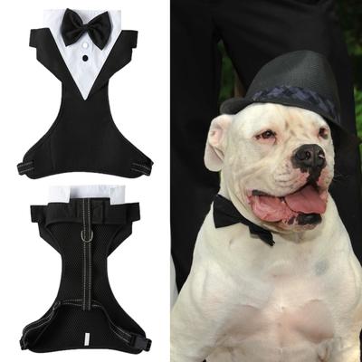 Formal Dog Wedding Suit with Leash Ring Fastener Tape Buckle Closure Black Bow-tie Breathable Chest Harness Dogs Tuxedo Wedding Party Suit for Small