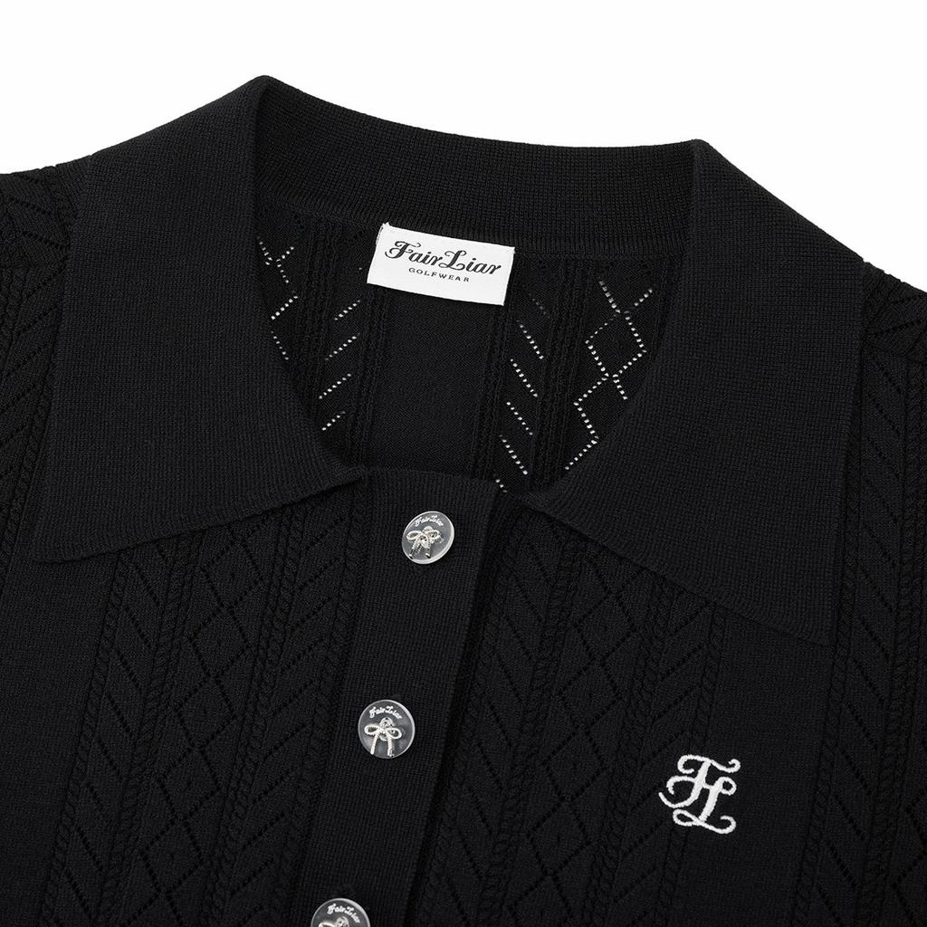 FAIRLIAR GOLF Scallop Ribbon Button Short Sleeve Knit (Black)