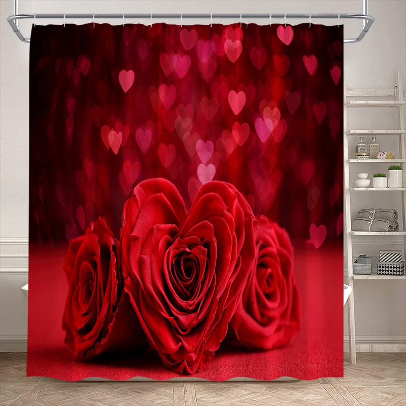Rosa Ros Blommiga Duschdraperier Naturlig Grön Växt Blommor Alla Hjärtans Dag Badrumsdraperi Modernt Tyg Badrumsinredning med Krokar