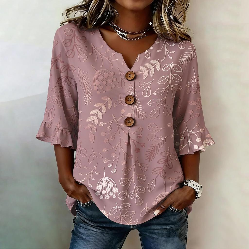 Womens V Neck Striped Print Button Loose Fit Ruffle Sleeve Blouse Casual Relaxed Fit Top for Everyday Wear