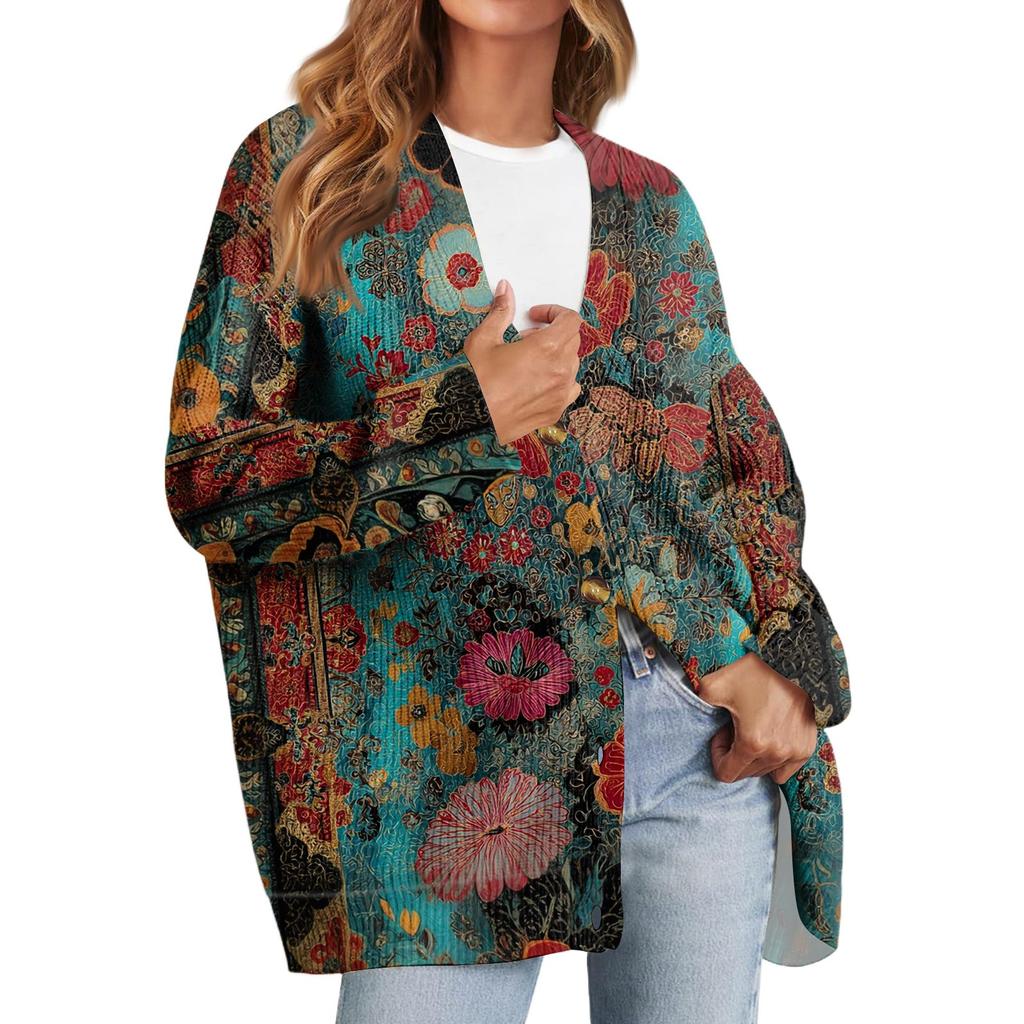 Women's Fashion Long Sleeve Print V-Neck Button Loose Cardigan Top