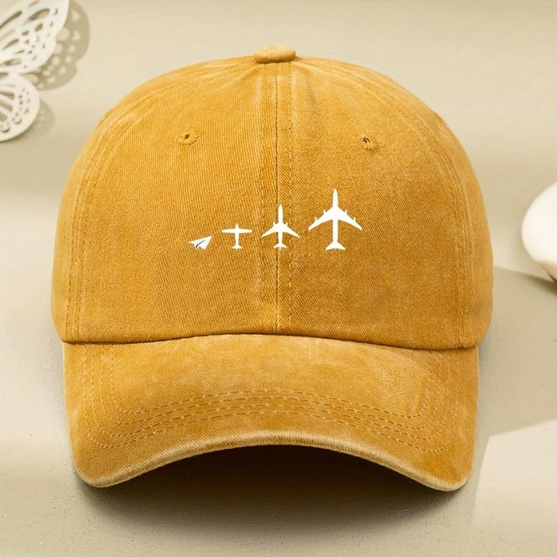

Retro Airplane Print Washed Baseball Cap Adjustable For Both Men And Women, Breathable Black Casual Outdoor Activity Sun Hat Adjustable