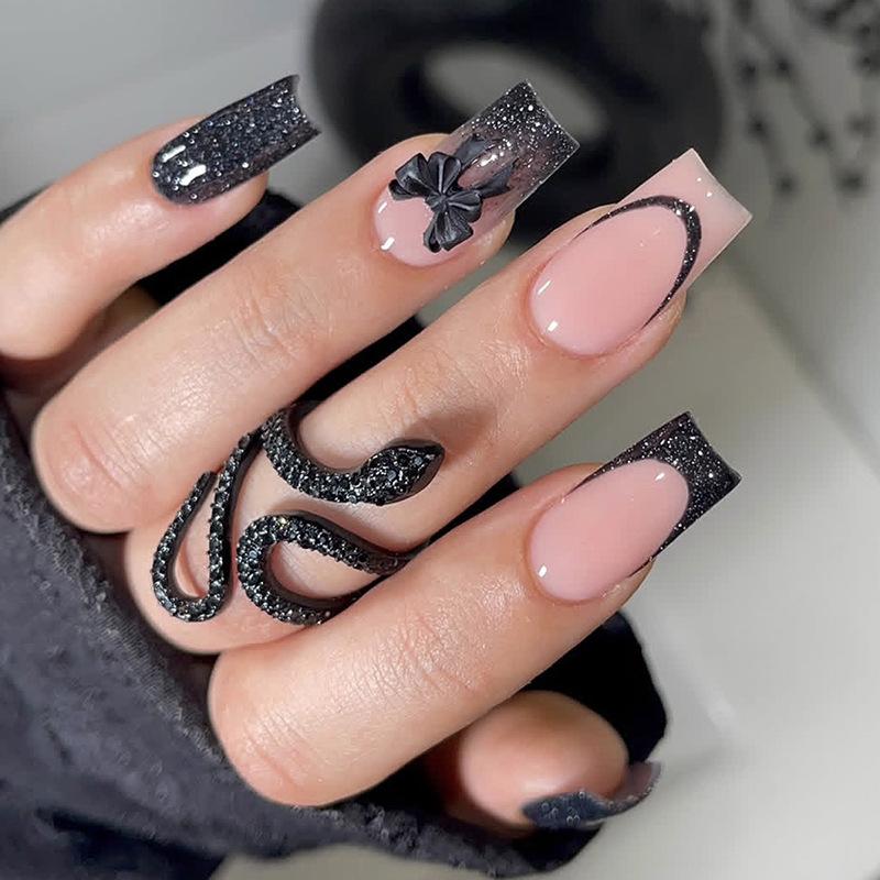 

24 шт. Длинные квадратные накладные ногти с коричневыми точками, милым, крутым узором в виде звезд и спирали, накладные ногти Press on, полное покрытие, для Spice Girls