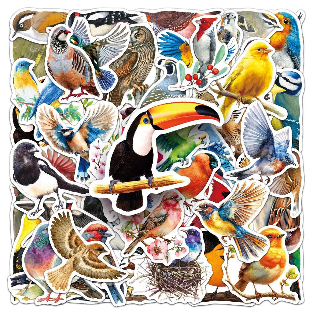 50pcs Cute Bird and Animal Stickers - Waterproof for Storage Boxes, Stationery, Phone Cases, and Cups