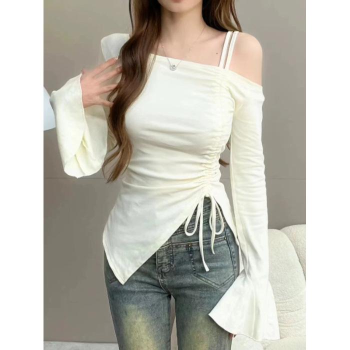 Cotton Off-the-shoulder Long-sleeved T-shirt Women's Spring and Autumn Korean Version Irregular Slim-fitting and Thin Sweet and Spicy Bottoming Shirt