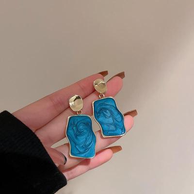 Retro kék geometrikus lógós fülbevalók: 925 Sterling Ezüst Cseppolajos Kivitelben