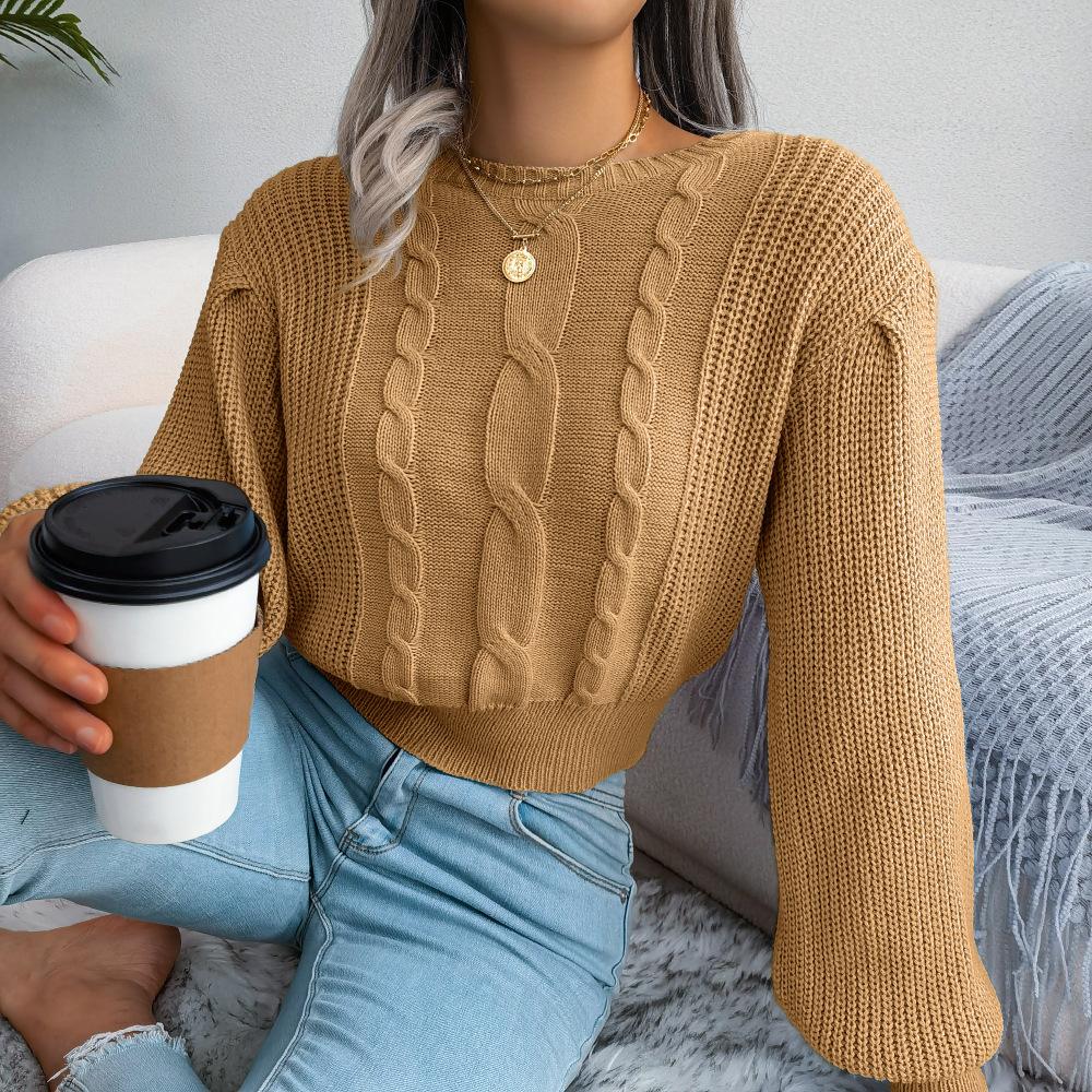 Women's Long-Sleeved Sweatshirt-Style Knit Jumper with Twisted Lantern Sleeves and Cinched Waist
