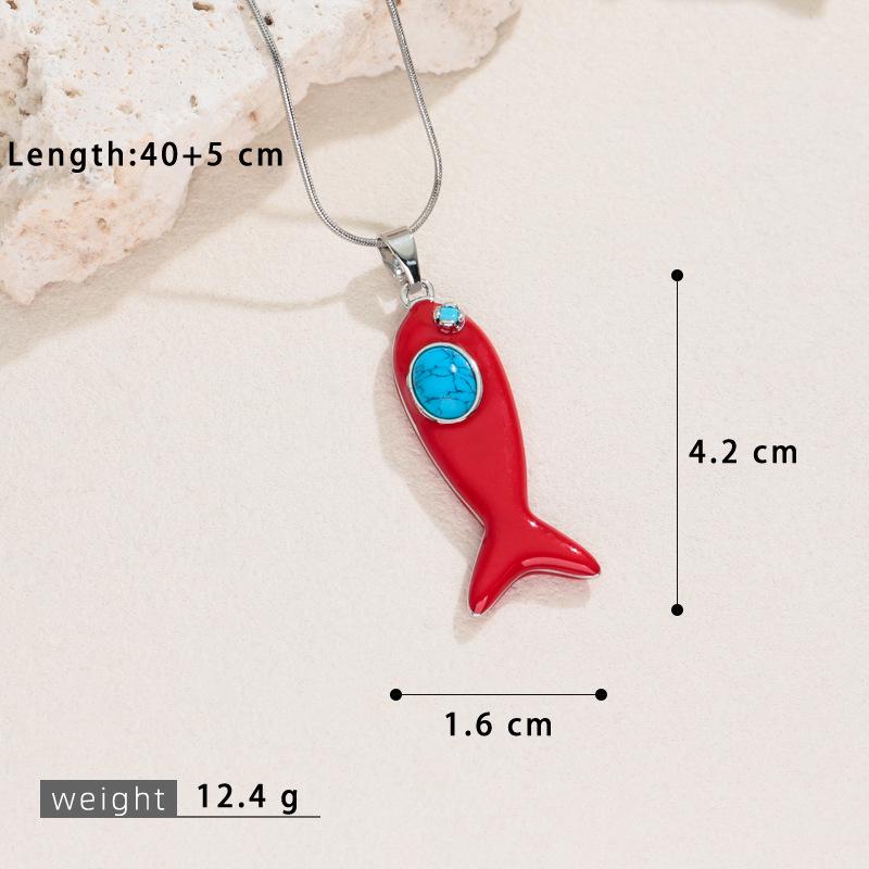 Enamel and Natural Stone Fish Pendant Necklace with Clavicle Chain