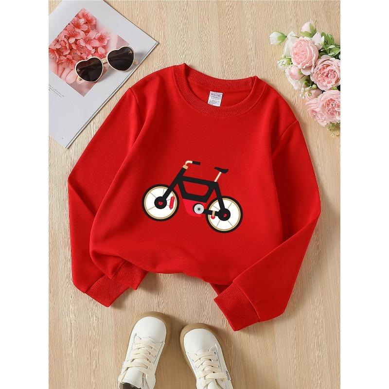 European sizes Kids' Black Round-Neck Hoodie with Red Wheel & White Print - Soft Machine-Washable Spring/Fall Casual Wear Suitable for & Teen Kids