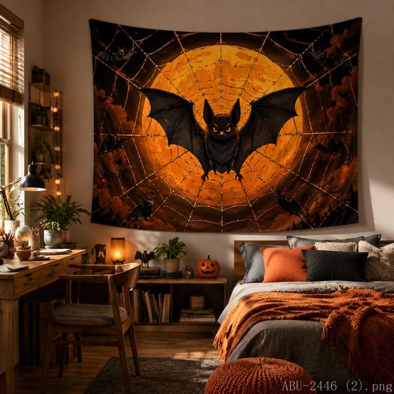 Orange Black Gradient Inverted Bat Dead Branch Spider Web Tapestry Tea Room Quiet Atmosphere Living Room Decoration