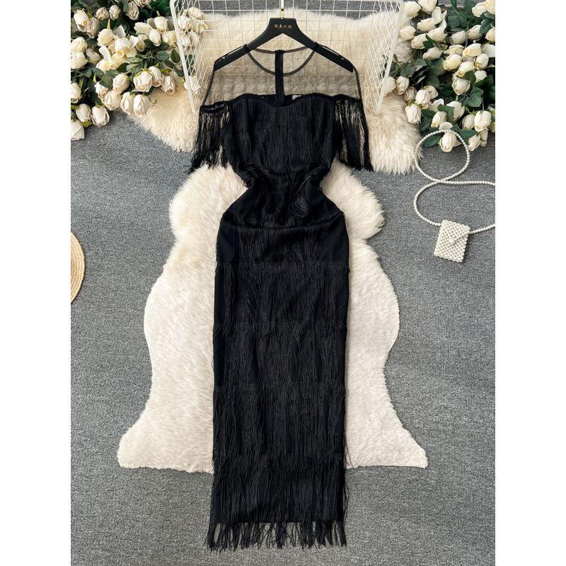 Classy Women's Clothing Fall 2023 New Arrival Light Luxury Minority Formal Dress Sheer Mesh Stitching Tassel Dress Women