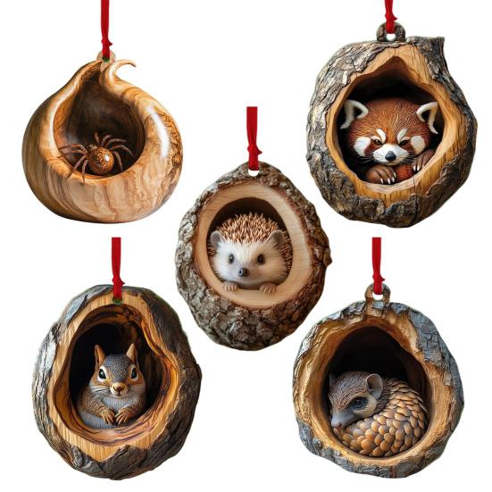 5Pcs Christmas Animal Ornaments 2D Acrylic Cute Wildlife Pendant Raccoon Owl Squirrel Hedgehog Bird Tree Hole Wood Texture Hanging Decorations