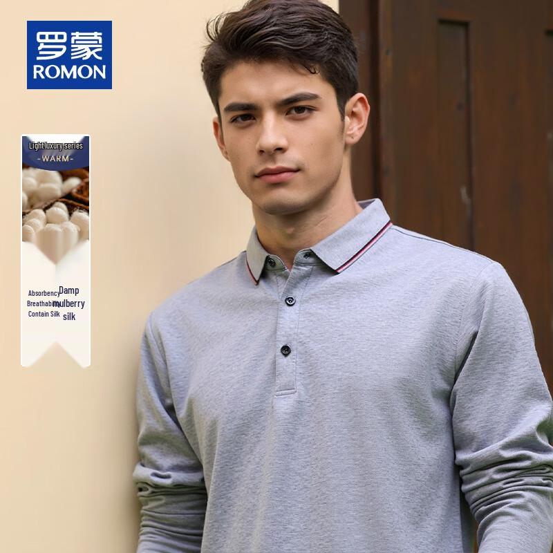 ROMON Men s Mulberry Silk Blend Long Sleeve Polo T-shirt 3XL