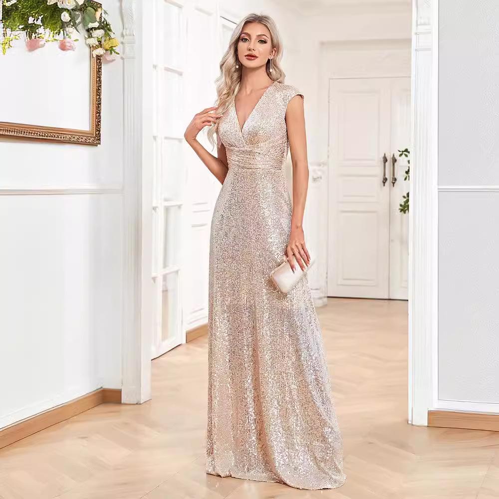 V-Neck Sequin Floor-Length Evening Gown with Slit – Elegant Sleeveless Party Dress