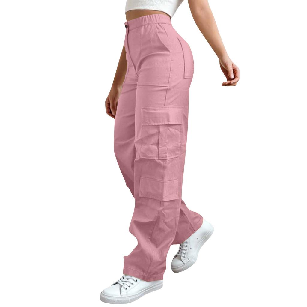 Womens Elastic High Waisted Cargo Pants Stretch Casual Wide Leg Streetwear Parachute Hiking Pants With Pockets