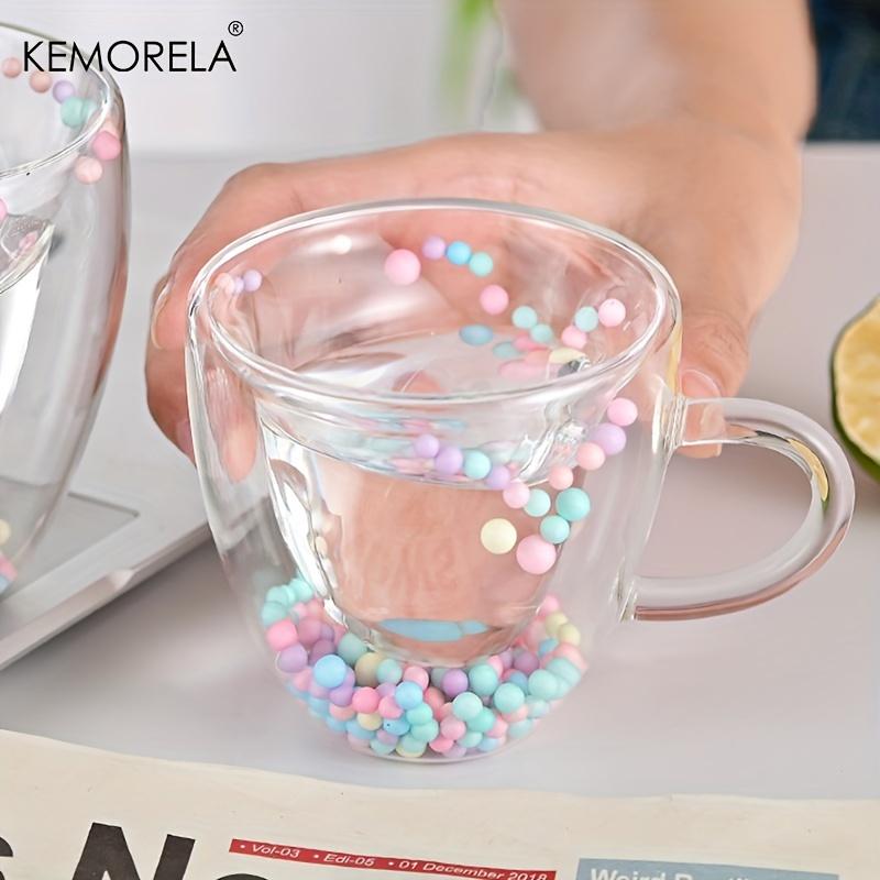 KEMORELA 1 Stück doppelwandige klare Glas-Kaffeetassen klare Glasbecher mit Henkel Herzform farbige Kugeln für Espresso Kaffee