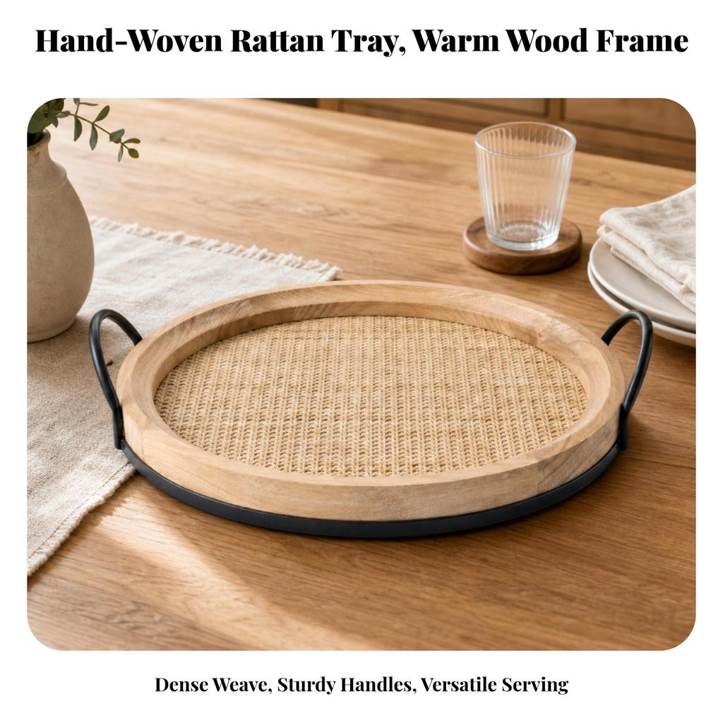 Serving Tray with Woven Inset Elegant Round Handles