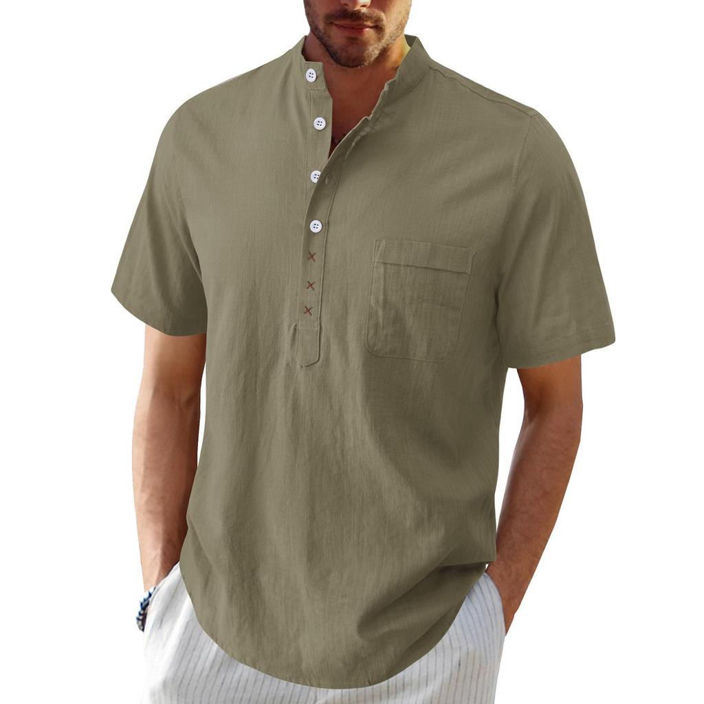 Cotton Linen Shirts for Men Solid Color Short Sleeves Henley Collar Loose Shirt Holiday Hawaiian Beach Casual Wear Comfy Fashion Menswear