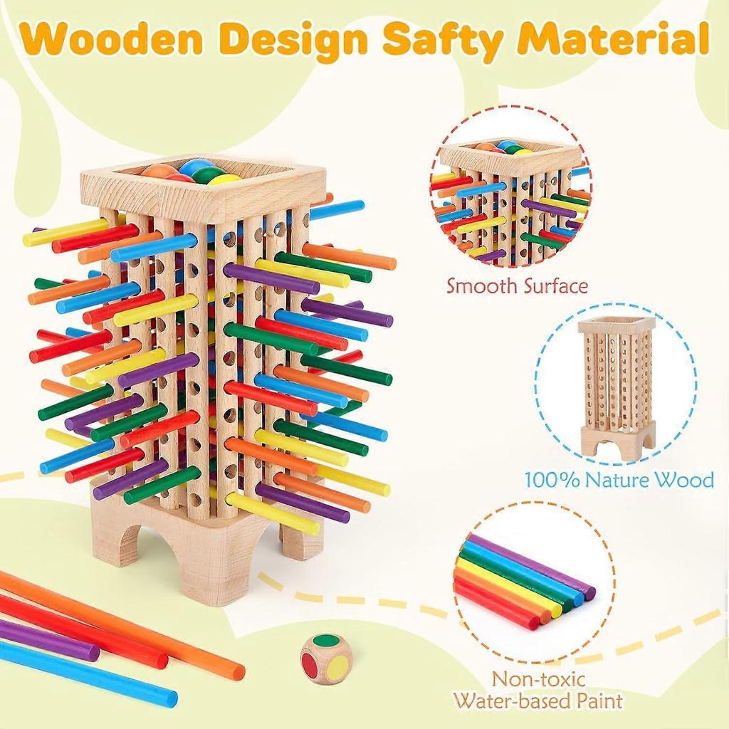 Holz Brettspiel Spielzeug, 42 bunte Stäbchen Würfelspiel Mathe Lernspielzeug, Familienspaß Bälle Fallen Lassen