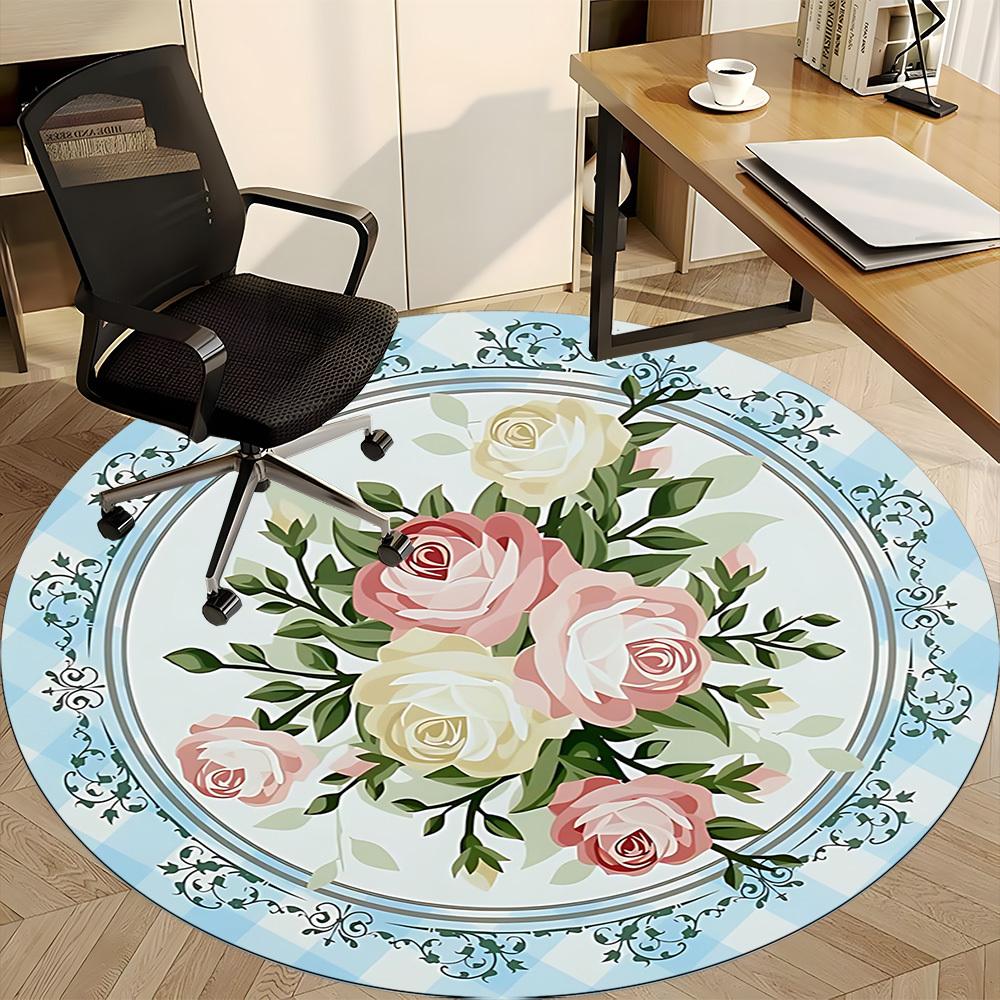1pc Roses Floral Pattern Office Round Rug, Carpet for Office, Gaming, Lightweight Round Floor Mat Yy260208027