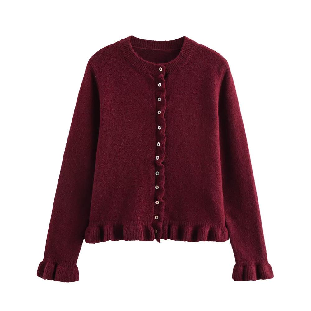 

Весна 2025 Женский Сладкий Многослойный Вязаный Кардиган с Рюшами - Длинный Рукав, Круглый Вырез L бордовый