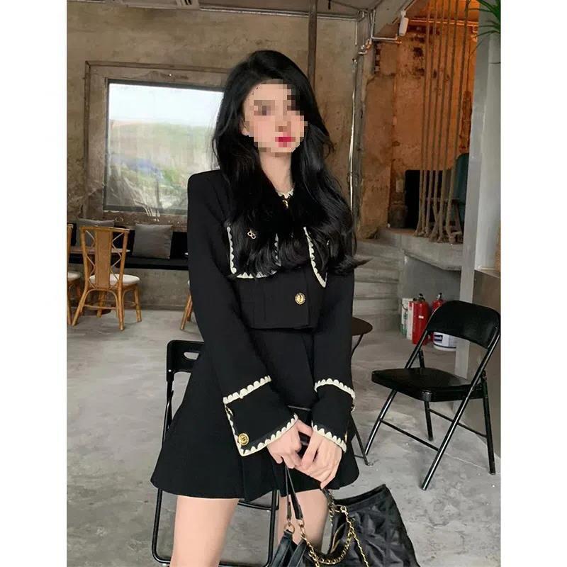 Elegant Miss High-End Fragrance Style: Women's 2024 Autumn/Winter Short Black Coat Set