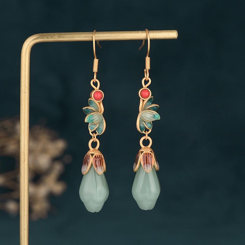 YILUOCD Vintage Boho Lotusblumen Ohrringe Sterling Jade Stein Hängeohrringe für Damen Amulett Schmuck Weihnachtsgeschenk