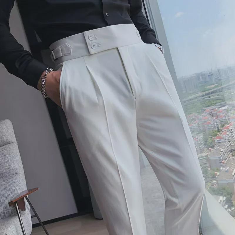 Men's Gray High-Waist Slim Fit Nine-Point Straight Trousers - 2024 Spring/Summer Business Casual.