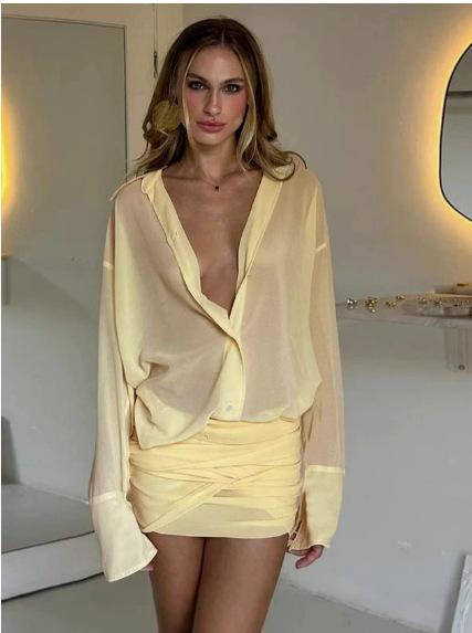 

Women s Sexy Collared Slim-fit Bodycon Shirt Dress Short Skirt S жёлтый