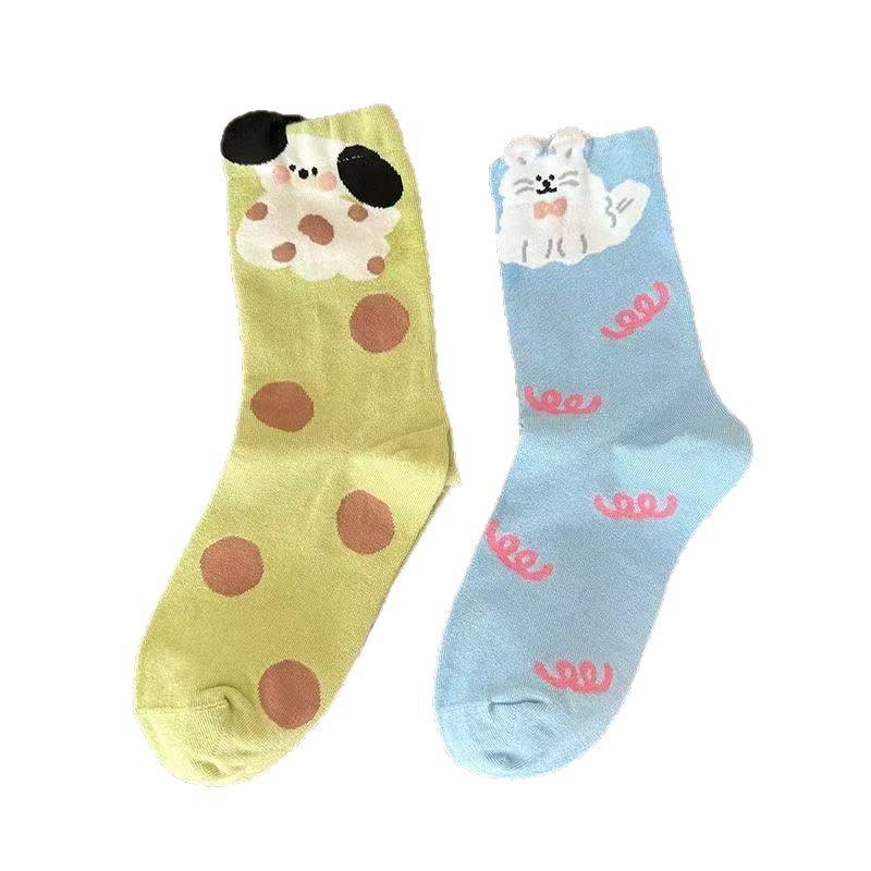 Women's Blue Mid-Calf Socks - Cute Cartoon Puppy Design, Perfect for Spring and Summer