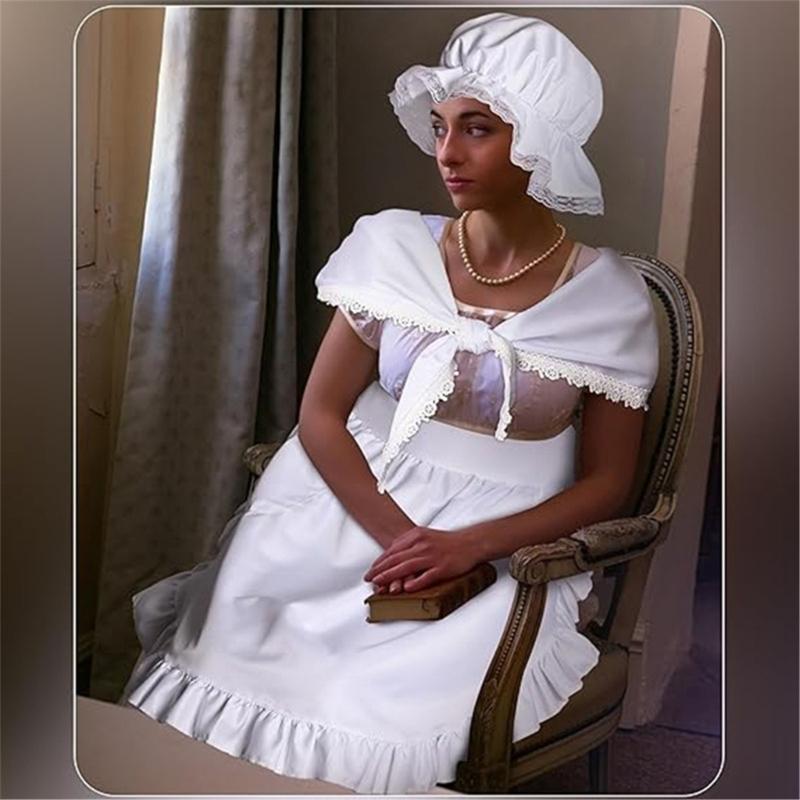 3-teiliges Kolonialkostüm-Set für Damen: Accessoires – Wickelrock, weiße Haube, Haube, Rüschenschürze mit Taschen für Dienstmädchen-Cosplay