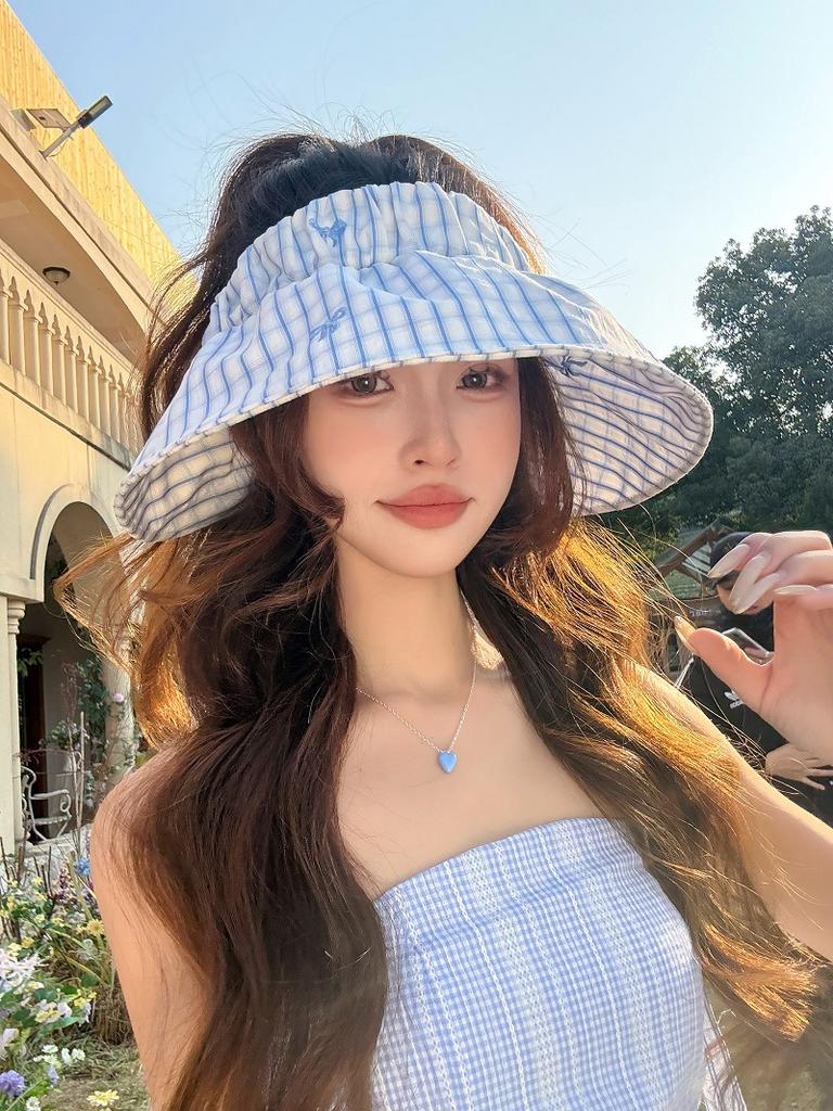 Bow Striped Sunscreen Visor Children Spring and Summer Big Eaves Show the Face Small Versatile Foldable Empty Top Hat