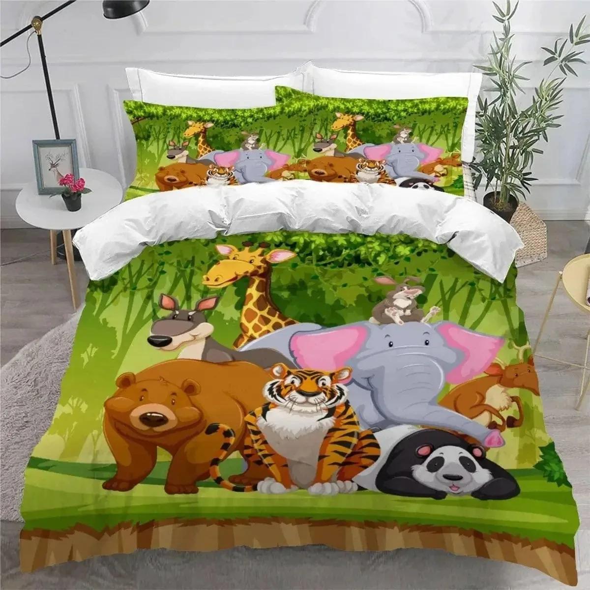 

3D Print Forest Animal Cartoon Zoo Bedding Set Double Twin King Duvet Cover Comforter Pillowcase Boys Girls Adults Bedroom EU Single 135x200cm